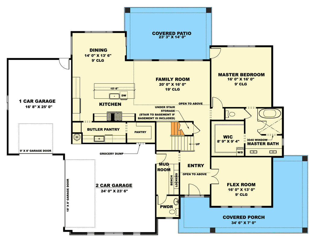 Plan 506048BRY: Spacious 4-Bed Modern Home Plan with Flex Room and Wrap Around Porch - Floor Plan - Main Level - Modern