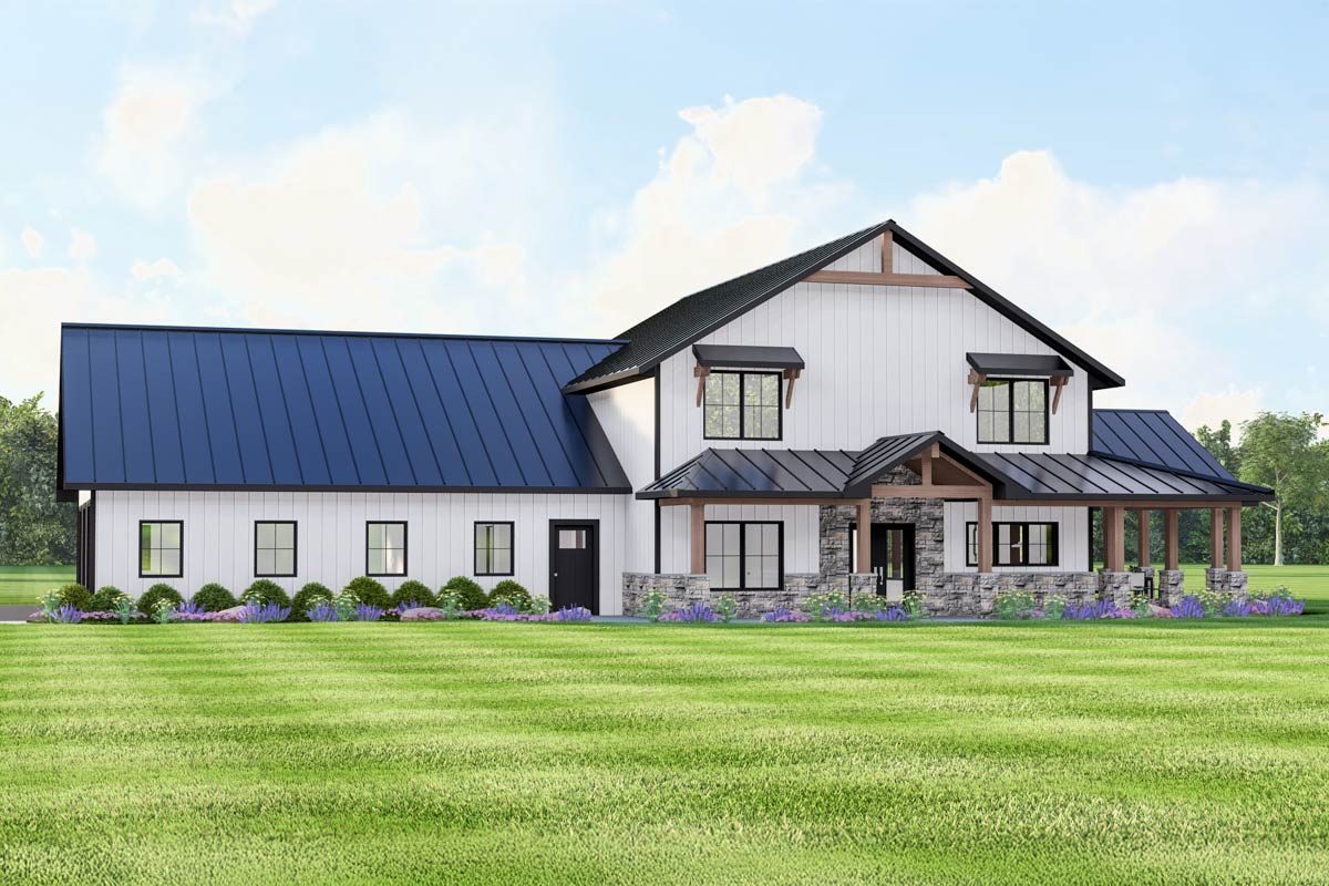 Rectangular Barndominium Plan 135369GRA: Spacious Barndominium with Wrap Around Porch and Loft