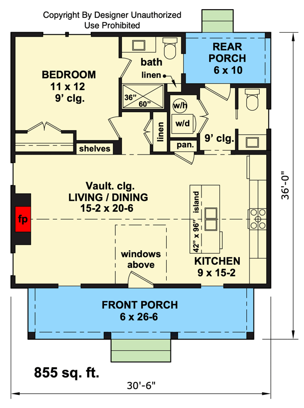 Plan 140030RK: 1-Bedroom Cottage Plan with Front and Rear Porches - Floor Plan - Main Level - Cottage, Traditional