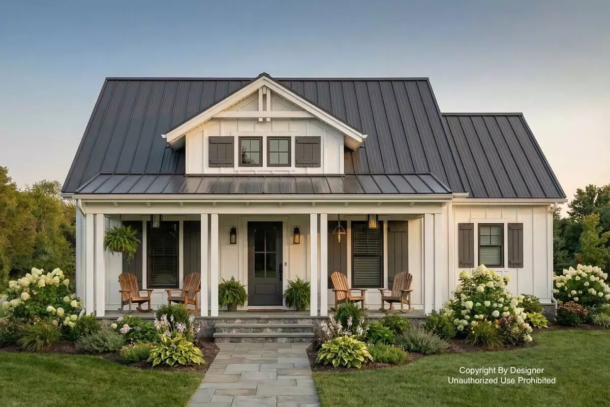Single-Story 2-Bedroom Cottage House Plan with Covered Porches