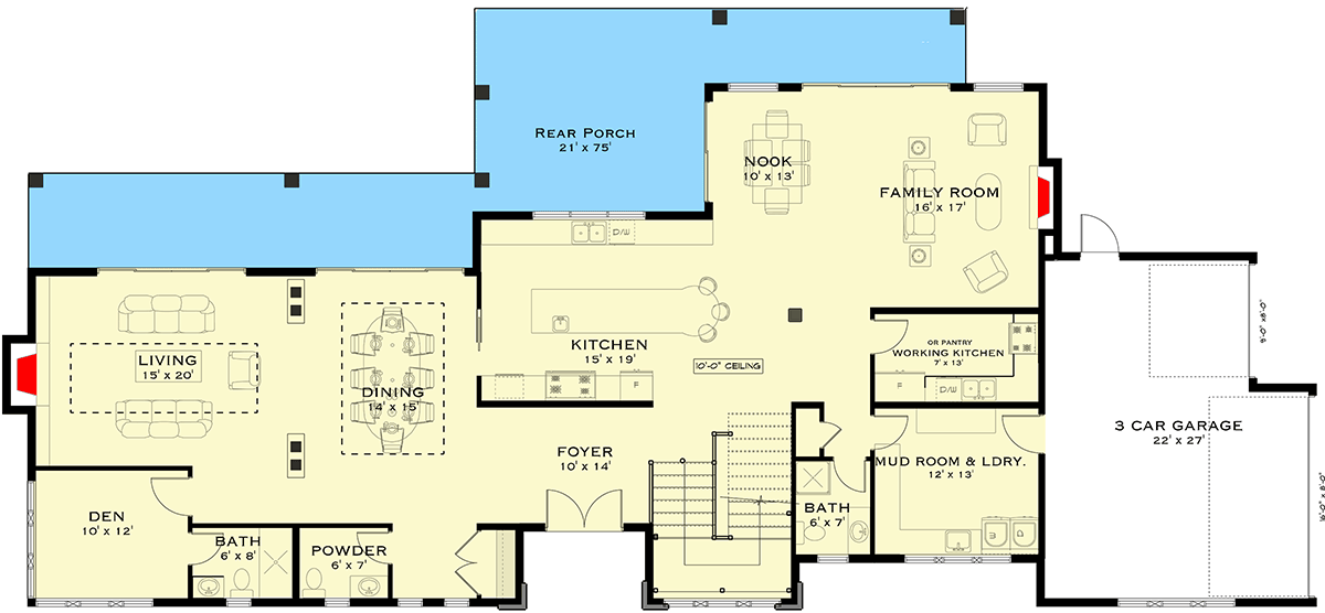 Plan 147043RML: Modern Farmhouse with Expansive Rear Porch and 3-Car Garage - Floor Plan - Main Level - Farmhouse, Modern Farmhouse, New American