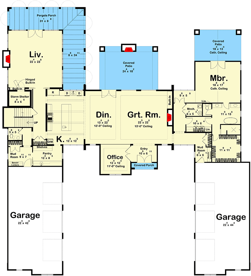 Plan 623532DJ: Two-Story European Home Plan with Expansive 6-Car Courtyard Garage - Floor Plan - Main Level - European, Transitional