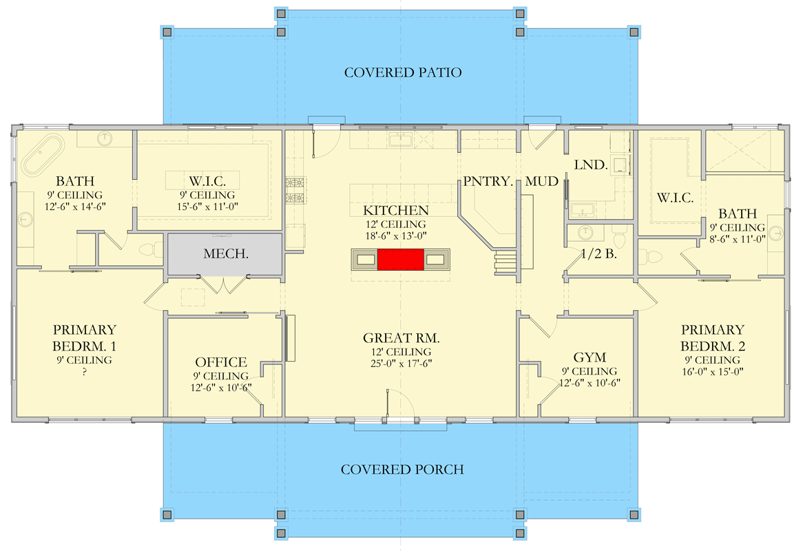 Plan 490155NAH: Mountain-View Home Plan with Two Master Suites and a Gym - Floor Plan - Main Level - Mountain