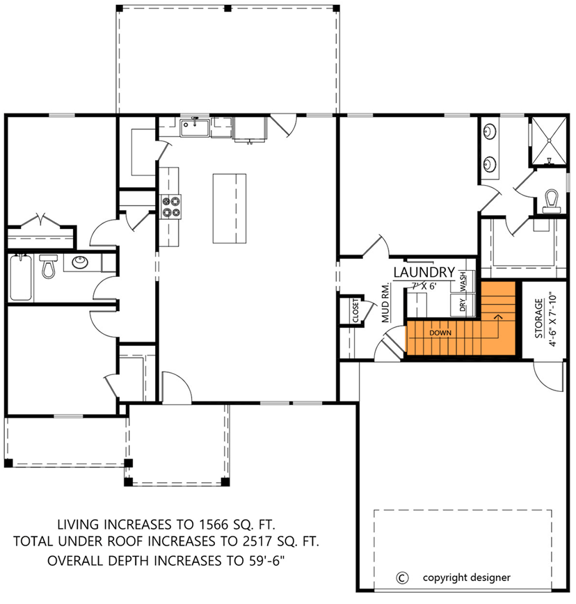Plan 56561SM: 3-Bed Modern Farmhouse Plan with Split Bedrooms and Front-Facing Garage - Floor Plan - Main Level - Basement Stairs - Farmhouse, Modern Farmhouse