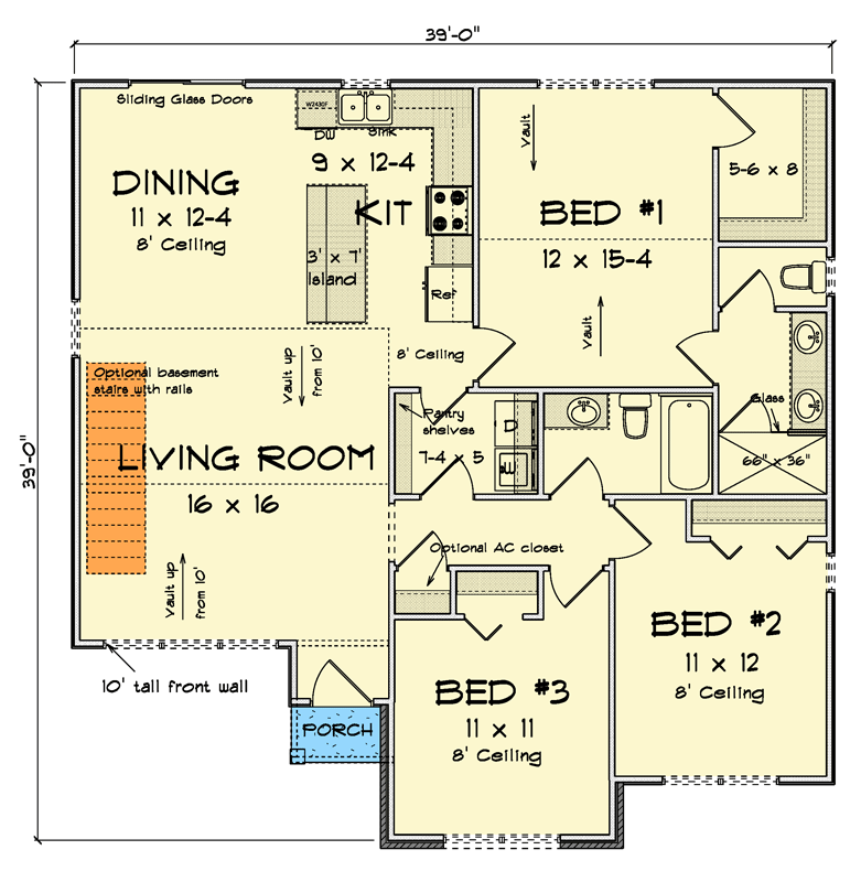 Plan 52445WM: Three-Bedroom Cottage House Plan with Vaulted Living Room - Floor Plan - Main Level - Cottage, Craftsman, Traditional