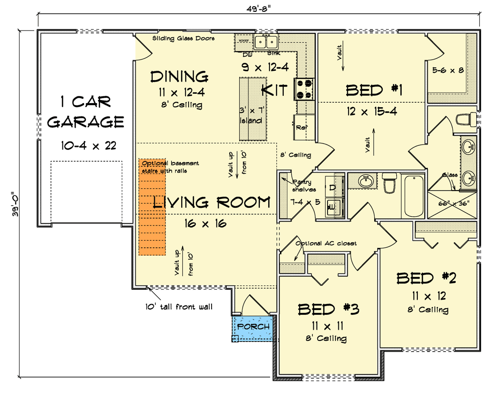 Plan 52446WM: Three-Bedroom Craftsman Cottage with Split Bedroom Layout - Floor Plan - Main Level - Cottage, Craftsman, Traditional