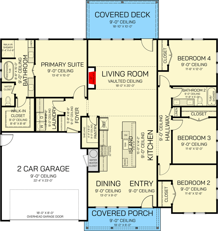 Plan 820001WSF: Single-Story Modern Farmhouse with Split Bedrooms and Vaulted Great Room - Floor Plan - Main Level - Country, Modern Farmhouse, Traditional