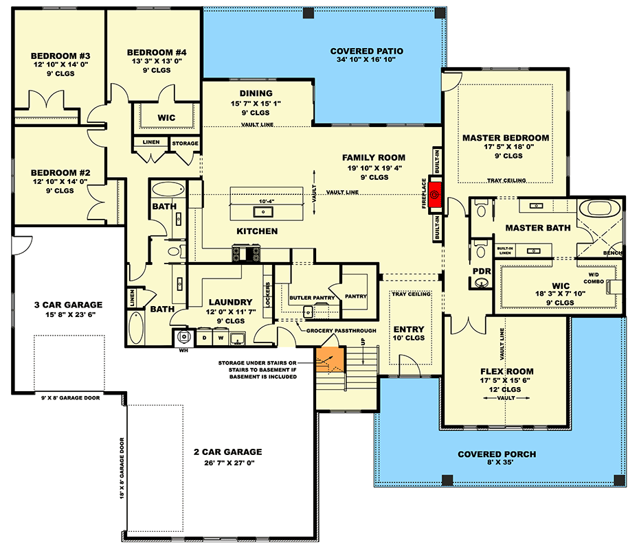 Plan 506050BRY: Transitional House Plan with Wraparound Porch and Bonus Room - Floor Plan - Main Level - Transitional