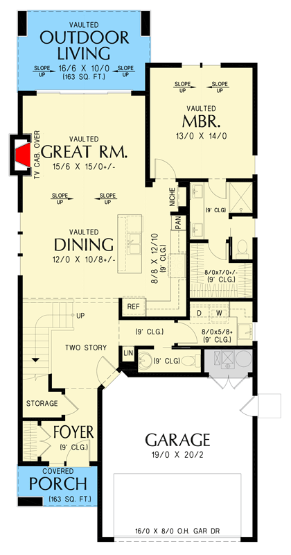 Plan 69905AM: Modern Two-Story House Plan with Vaulted Great Room - Floor Plan - Main Level - Contemporary, Modern, Scandinavian