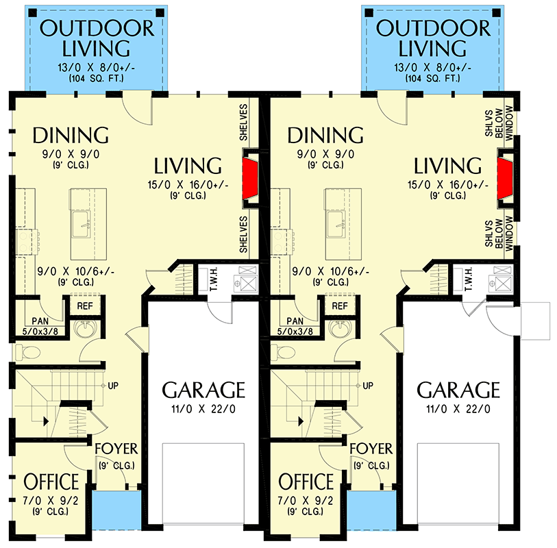 Plan 69907AM: Modern Farmhouse Multi-Family House Plan with Loft and Flex Room - Floor Plan - Main Level - Country, Farmhouse, Modern Farmhouse