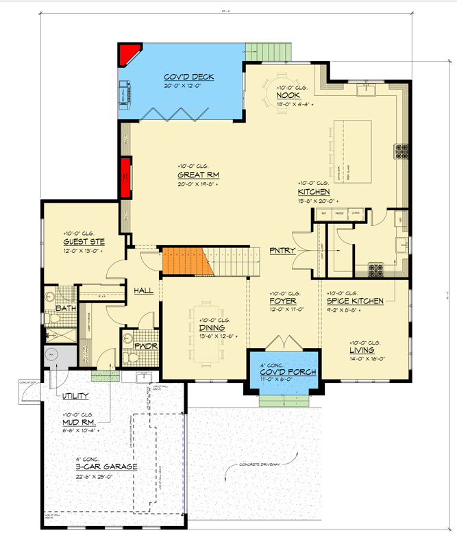 Plan 666304RAF: Contemporary Tuscan Two-Story House Plan with Dual Master Suites - Floor Plan - Main Level - Contemporary, Modern, Tuscan