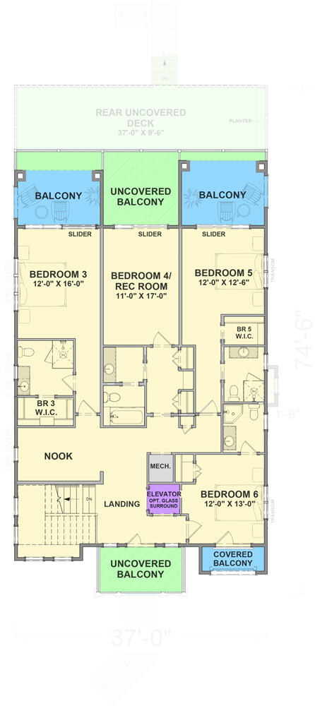 Plan 765059TWN: Flexible Modern Coastal House Plan with Stacked Porches and Elevator - Floor Plan - Upper Level (3rd Floor) - Coastal, Coastal Contemporary, Modern, New American