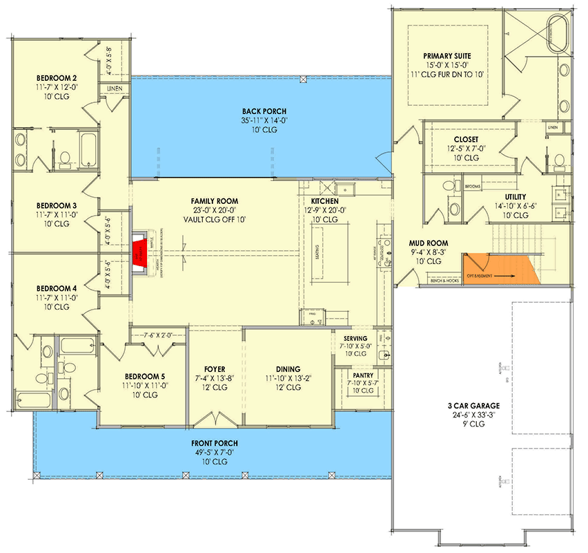 Plan 818167JSS: Modern Farmhouse House Plan with Expansive Porches - Floor Plan - Main Level - Farmhouse, Modern Farmhouse