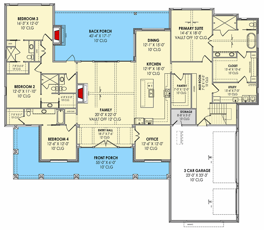Plan 818171JSS: Spacious Modern Farmhouse Plan with Wraparound Porch - Floor Plan - Main Level - Farmhouse, Modern Farmhouse