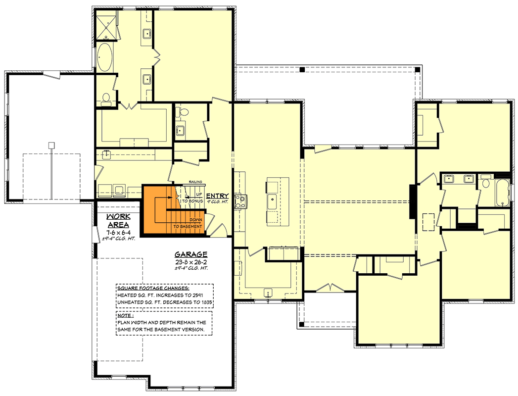 Plan 52009HZ: Modern Farmhouse Ranch with Split Bedrooms and Bonus Room - Floor Plan - Main Level - Basement Stair Location - Country, Modern Farmhouse, Ranch, Traditional