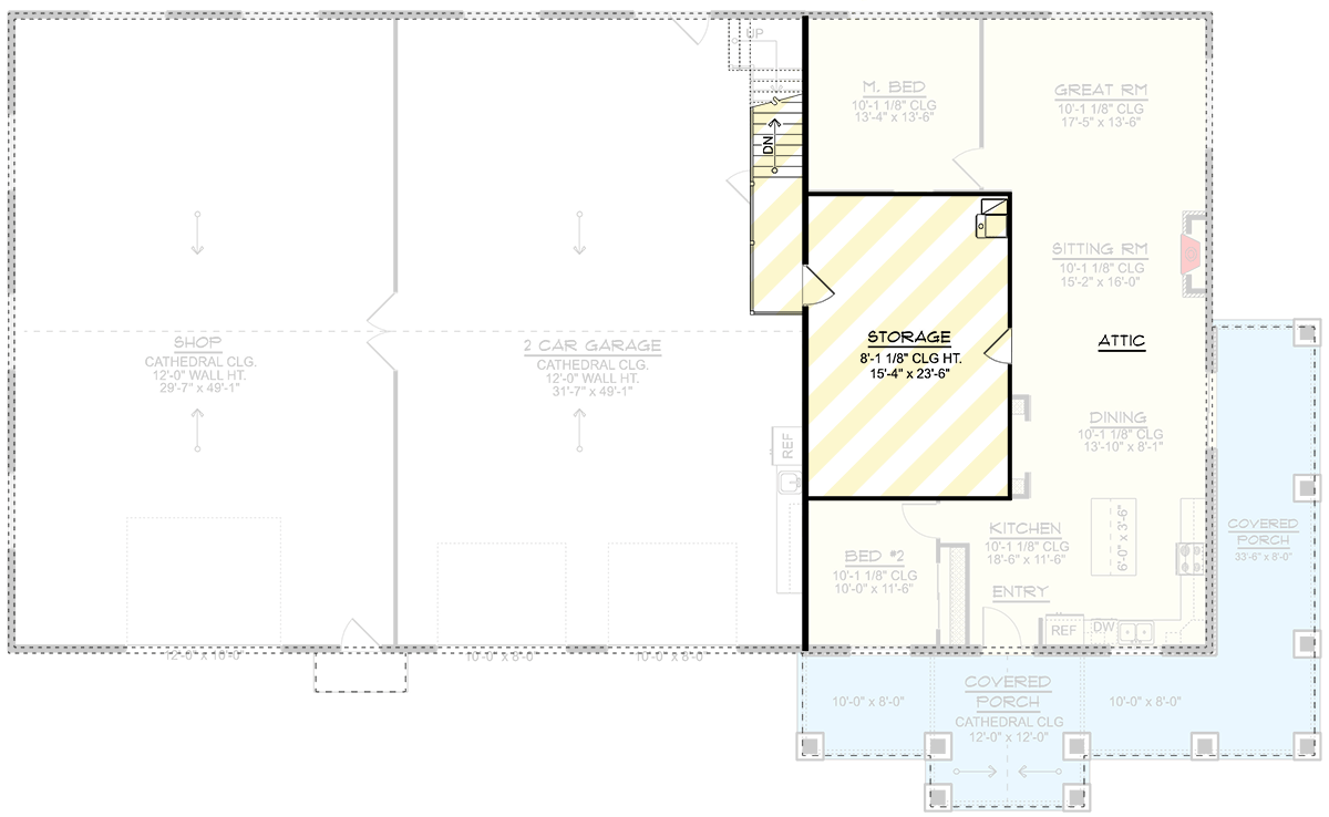 Plan 135375GRA: 2-Bed Barndominium with RV Garage and Wrap Around Porch - Floor Plan - Optionally Finished Bonus Room - Barndominium, Mountain