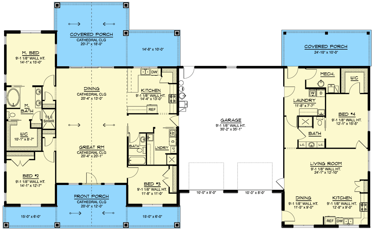 Plan 135376GRA: Modern Barndominium with Expansive Porches and Workshop - Floor Plan - Main Level - Barndominium, Contemporary, Modern, Mountain, Ranch