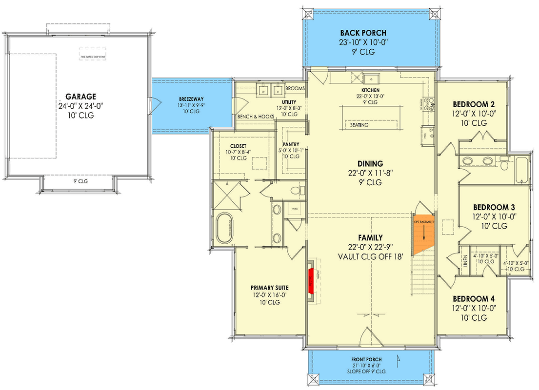 Plan 818173JSS: Two-Story Modern Farmhouse with Loft and Breezeway - Floor Plan - Main Level - Farmhouse, Modern Farmhouse, Rustic