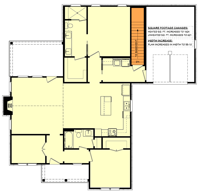 Plan 52010HZ: Modern Farmhouse with Spacious Porches - Floor Plan - Main Level - Basement Stairs Location - Cottage, Farmhouse, Modern Farmhouse, New American