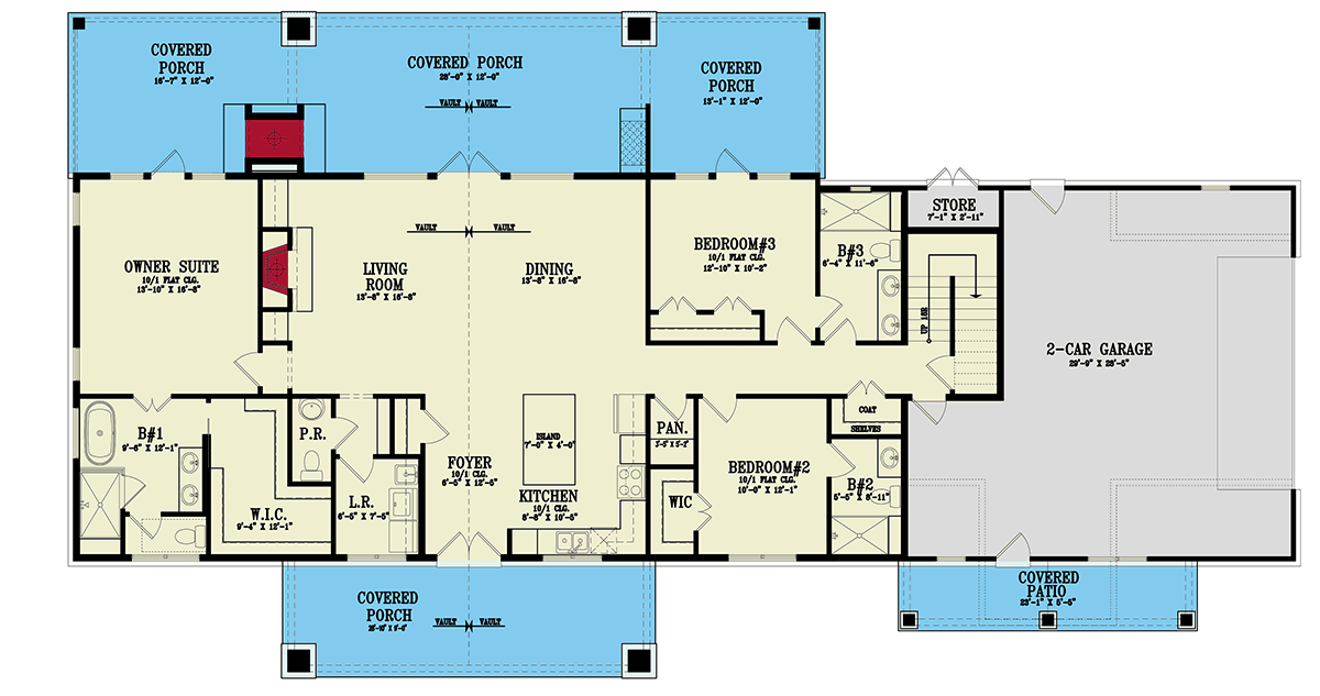Plan 12339JL: Expansive Ranch Plan with Outdoor Fireplace and Bonus Room - Floor Plan - Main Level - Craftsman, Modern Farmhouse, Ranch