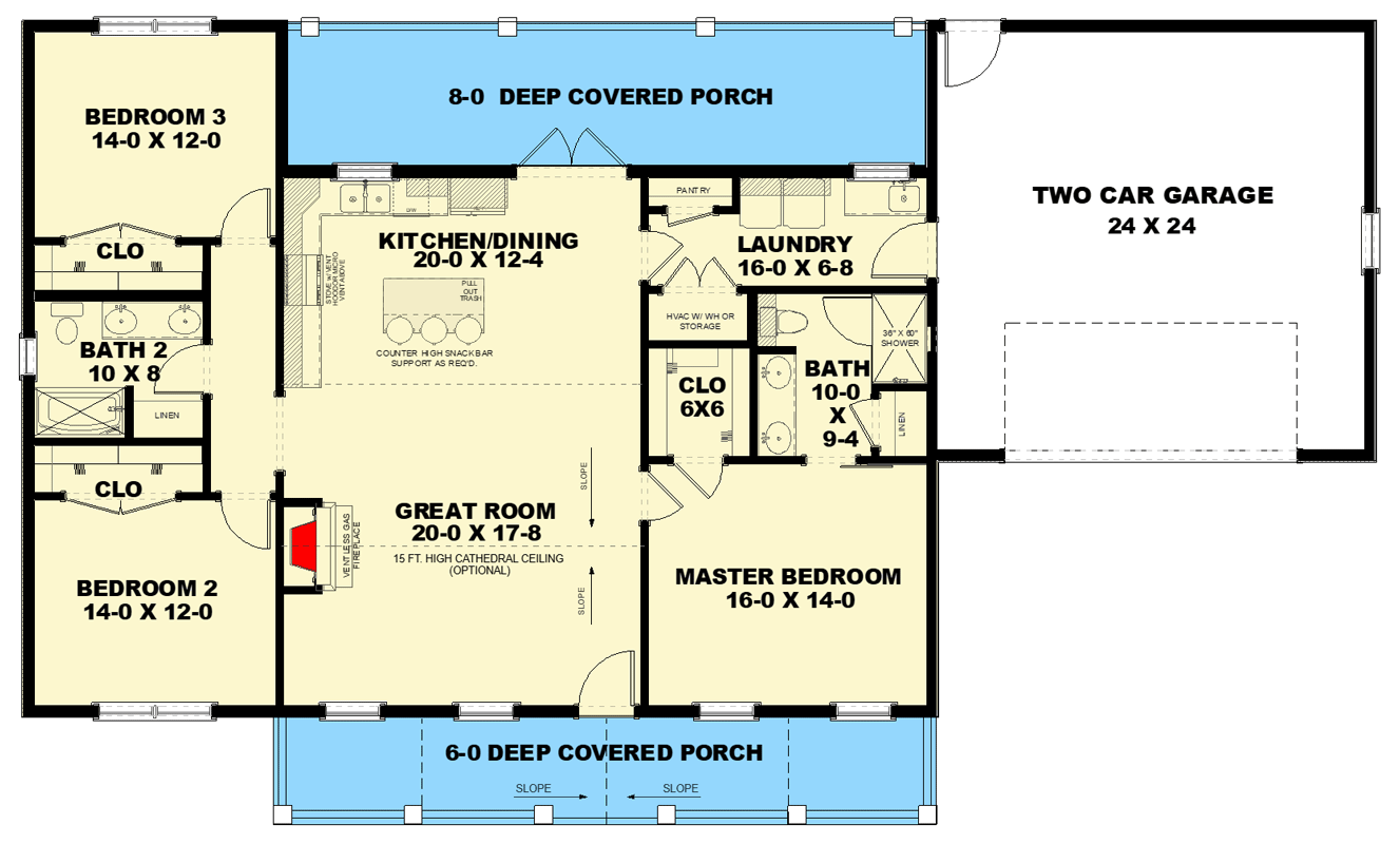 Plan 25068DH: Ranch Plan with Cathedral Ceilings and Spacious Front Porch - Floor Plan - Main Level - Ranch, Rustic, Traditional, Vacation