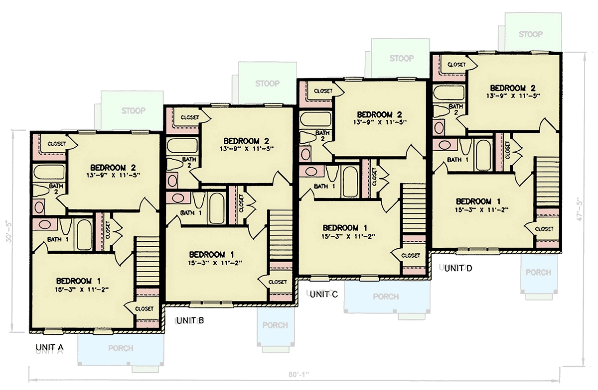 Plan 25925GE: Traditional Quad-Plex House Plan with Four 2 Bedroom Units - Floor Plan - 2nd Floor - Traditional