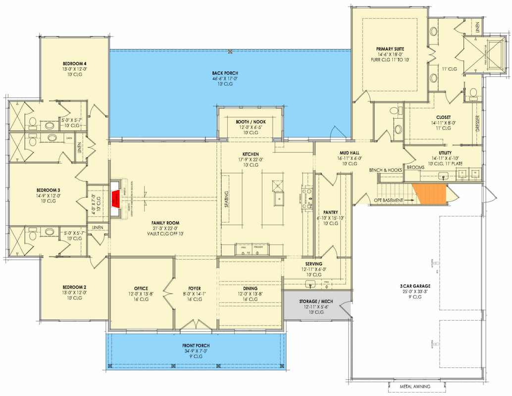Plan 818176JSS: Four-Bedroom Hill Country House Plan with Expansive Porches - Floor Plan - Main Level - Farmhouse, Hill Country