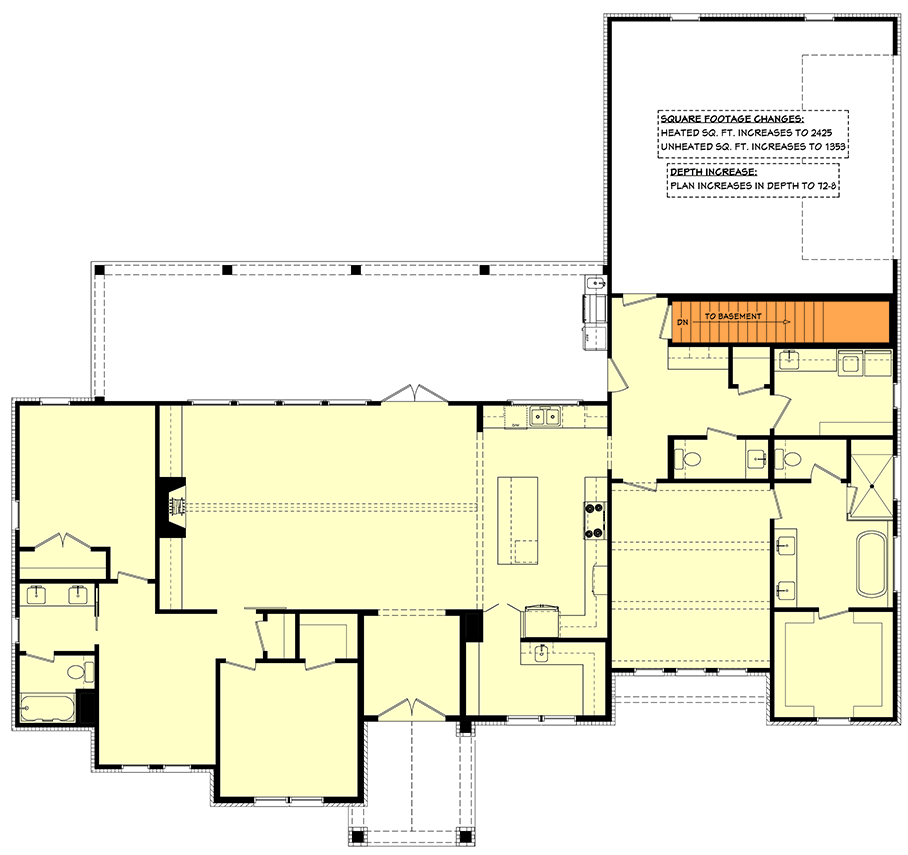 Plan 52011HZ: 3-Bed New American House Plan with Spacious Rear Porch - Floor Plan - Main Level - Basement Stairs Location - Country, Farmhouse, New American