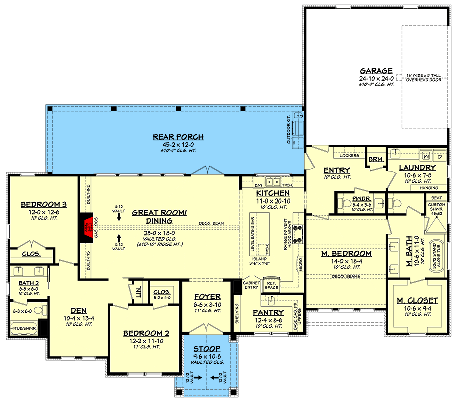 Plan 52011HZ: 3-Bed New American House Plan with Spacious Rear Porch - Floor Plan - Main Level - Country, Farmhouse, New American
