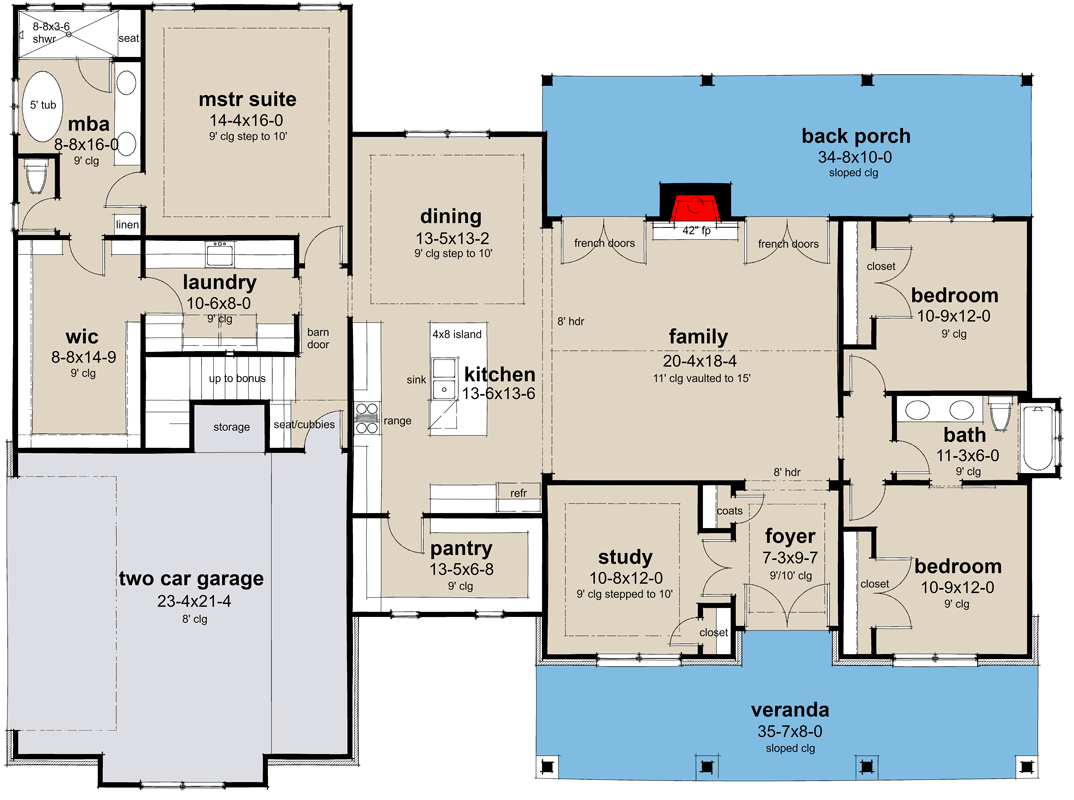 Plan 16943WG: 3-Bed Hill Country Farmhouse with Bonus Room Over Garage - 2256 Sq Ft - Floor Plan - Main Level - Country, Farmhouse, Hill Country, Mountain, Ranch