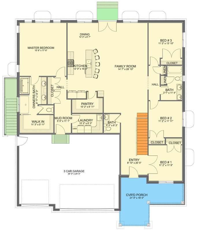 Plan 61651UT: Split Bedroom Ranch Home Plan with In-Law Suite and Spacious Basement - Floor Plan - Main Level - Craftsman, Ranch