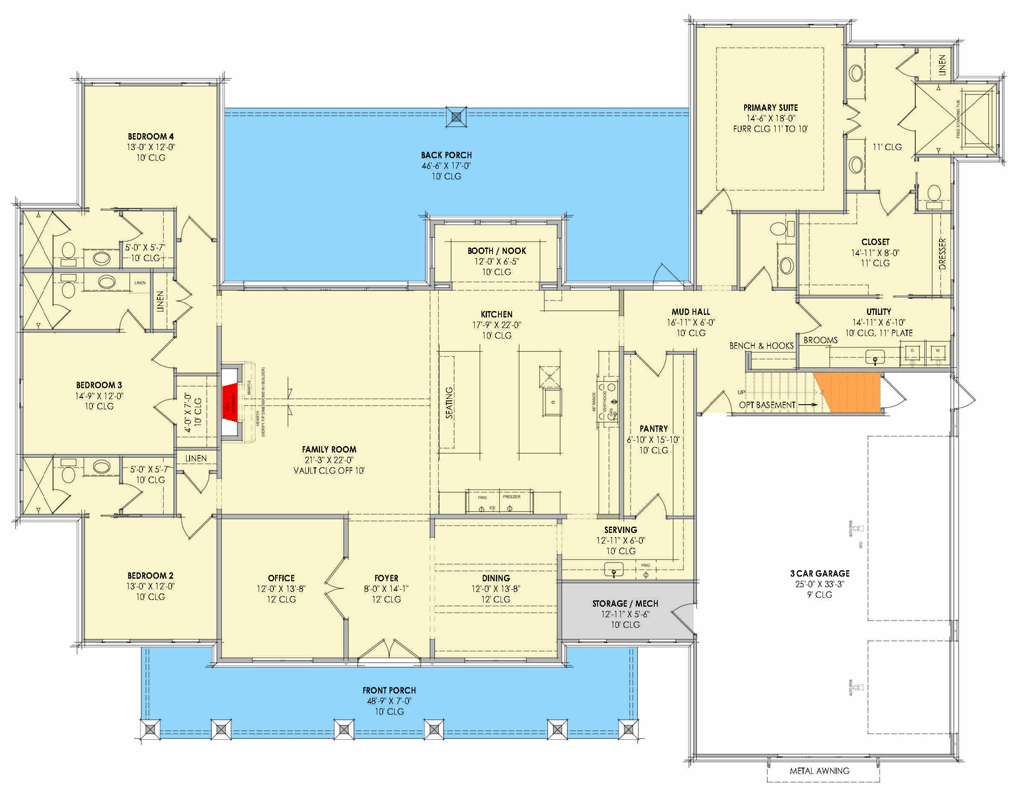 Plan 818177JSS: Spacious Modern Farmhouse Plan with Bonus Room and Expansive Porches - Floor Plan - Main Level - Farmhouse, Modern Farmhouse, Ranch