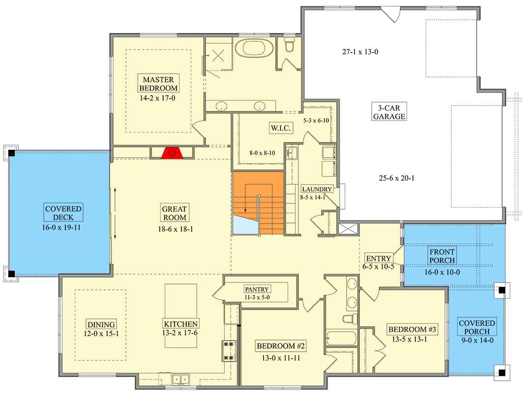 Plan 95295RW: Spacious 3 Bed Craftsman House Plan with 3-Car Garage and Walkout Basement - Floor Plan - Main Level - Craftsman, Mountain, New American