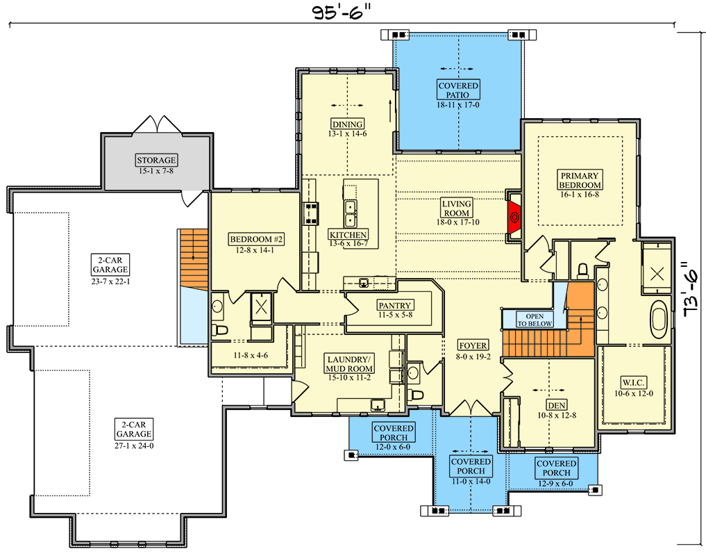 Plan 95309RW: New American Farmhouse House Plan with 4-Car Garage and Optional Finished Lower Level - Floor Plan - Main Level - Farmhouse, Mountain, New American