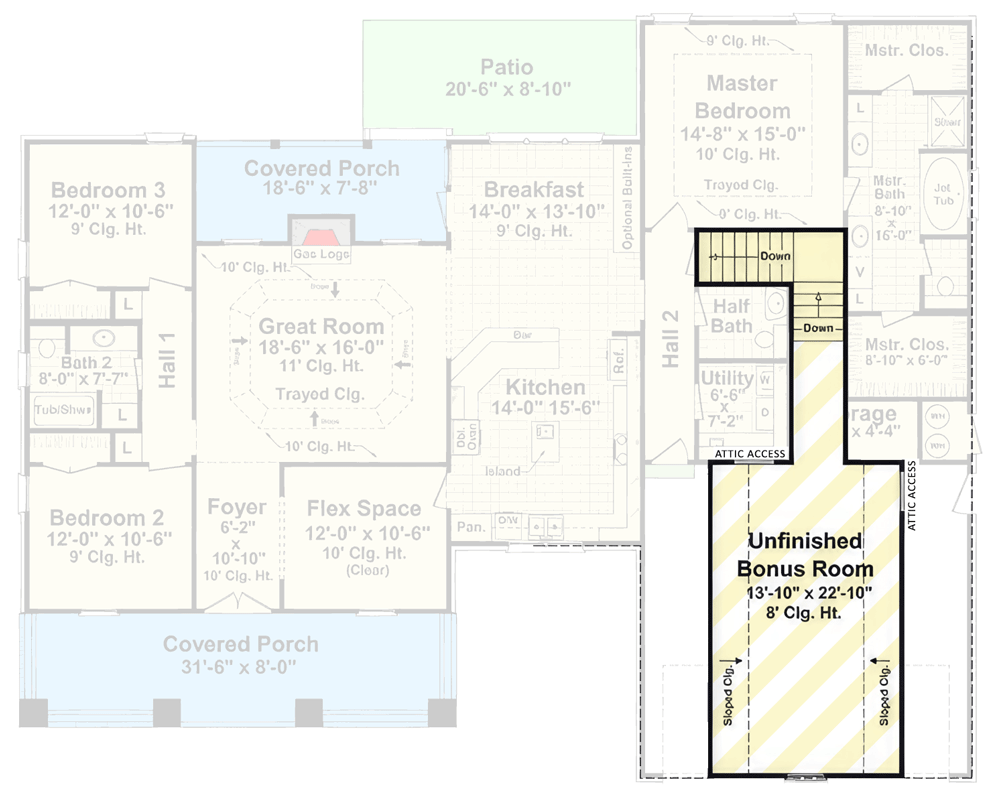 Plan 51261MM: Craftsman House Plan with Bonus Room and Two Porches - Floor Plan - Optional Finished Bonus Room - Craftsman, Farmhouse, Traditional