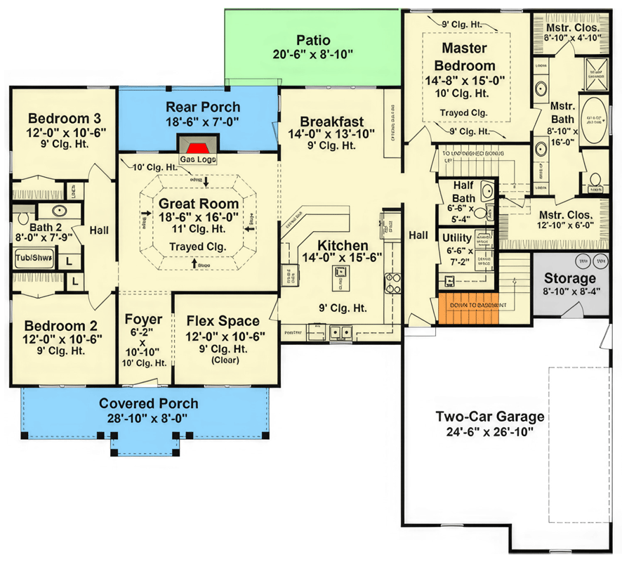 Plan 51262MM: Southern House Plan with Bonus Room and Split Bedroom Design - Floor Plan - Main Level - Acadian, Craftsman, Louisiana-Style, Southern Traditional
