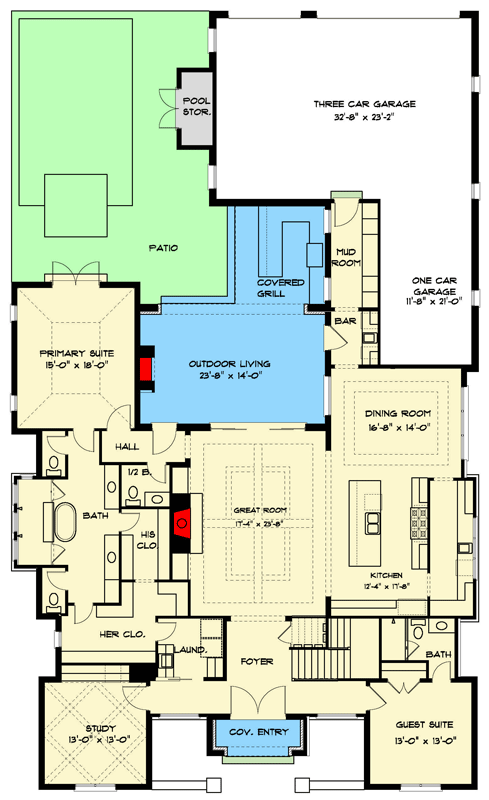 Plan 93227EL: Luxurious 4-Bedroom European House Plan with Outdoor Living and 4-Car Garage - Floor Plan - Main Level - European, Transitional