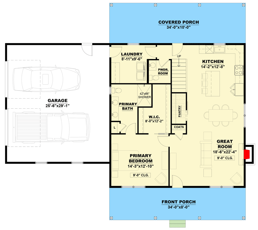 Plan 810049RBT: Farmhouse House Plan with First-Floor Primary Suite and Bonus Room - Floor Plan - Main Level - Farmhouse, Modern Farmhouse