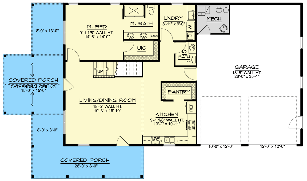 Plan 135378GRA: Modern 3-Bedroom Barndominium House Plan with Wrap-Around Porch - Floor Plan - Main Level - Barndominium