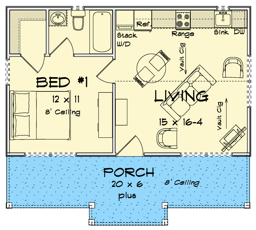 Plan 52460WM: One-Bedroom Craftsman Cottage House Plan with Vaulted Living - Floor Plan - Main Level - Cottage, Craftsman