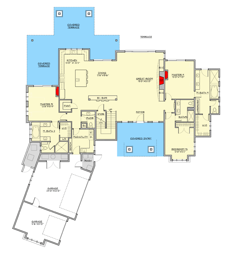 Plan 54250HU: Grand 5-Bed Mountain Craftsman House Plan with Dual Masters and Bunk Room - Floor Plan - Main Level - Craftsman, Modern, Mountain