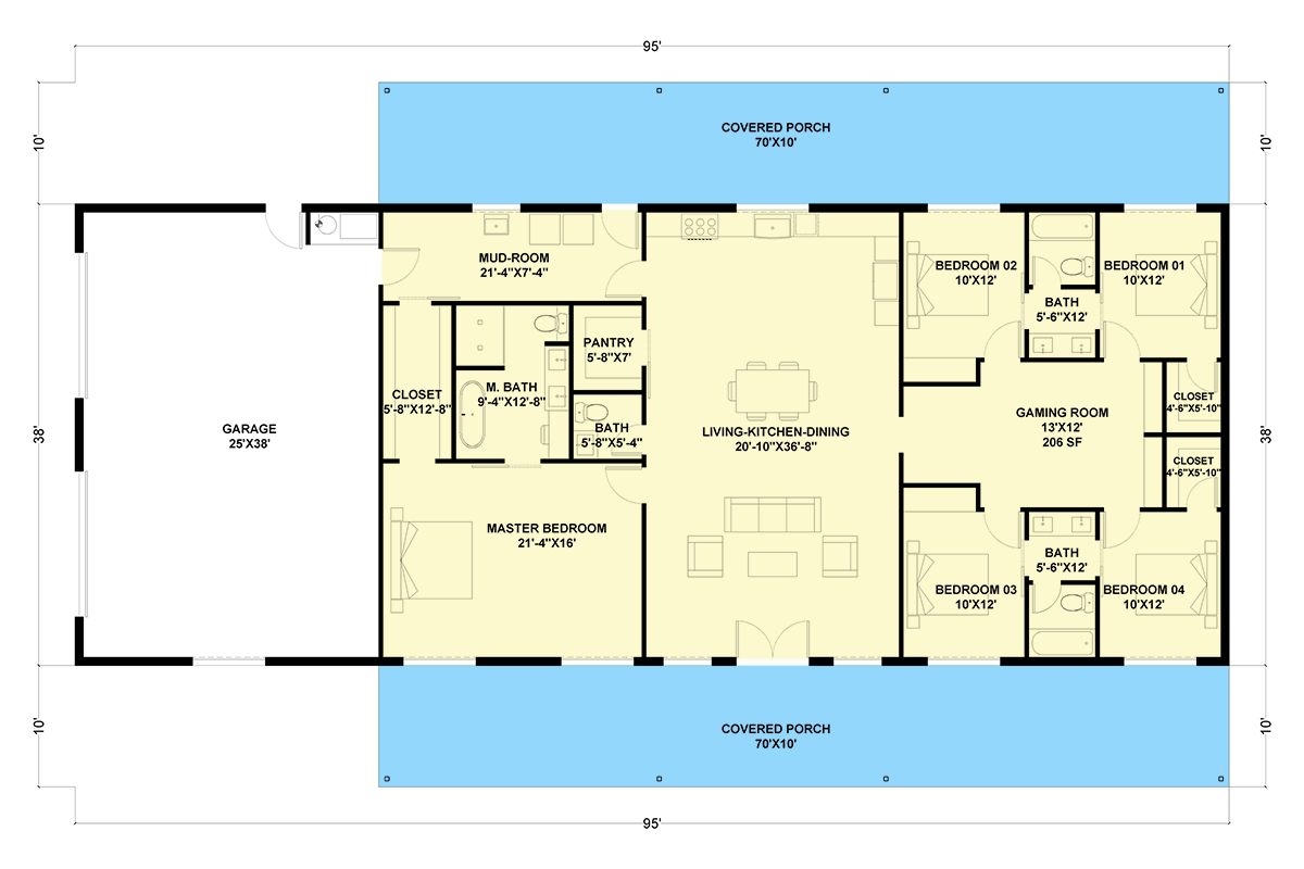 Plan 530143KTE: Expansive 5-Bedroom Barndominium House Plan with Game Room and Dual Porches - Floor Plan - Main Level - Barndominium