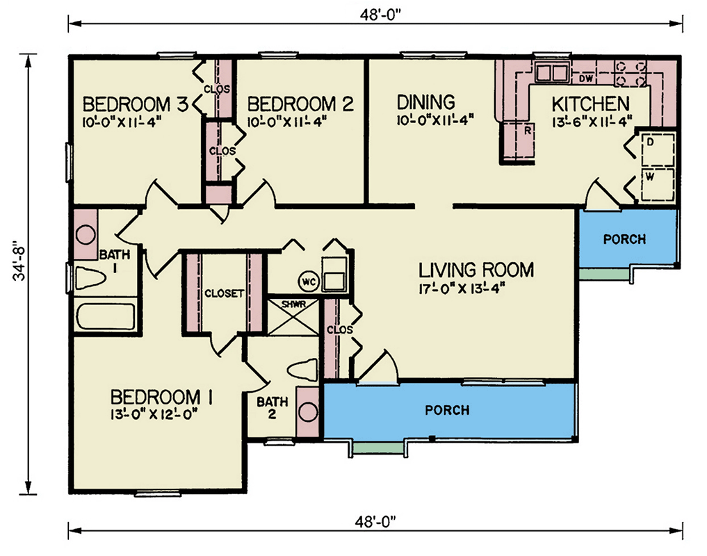 Plan 25930GE: Charming 3-Bedroom Ranch House Plan with Covered Porch & Breakfast Nook - Floor Plan - Main Level - Ranch, Traditional