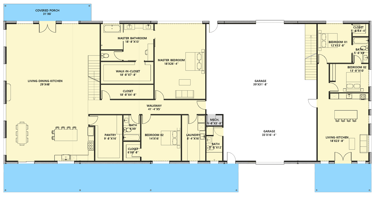 Plan 530149KTE: Six-Bedroom Barndominium Plan with Spacious Pantry and Game Room - Floor Plan - Main Level - Barndominium