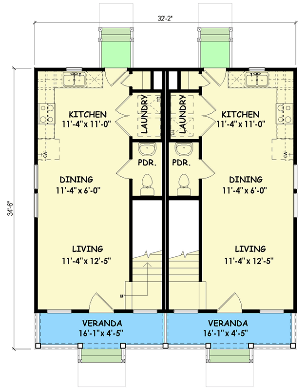 Plan 100356GHR: Charming Southern Duplex House Plan with 4 Beds and Stacked Porches - Floor Plan - Main Level - New Orleans, Southern, Southern Traditional, Traditional