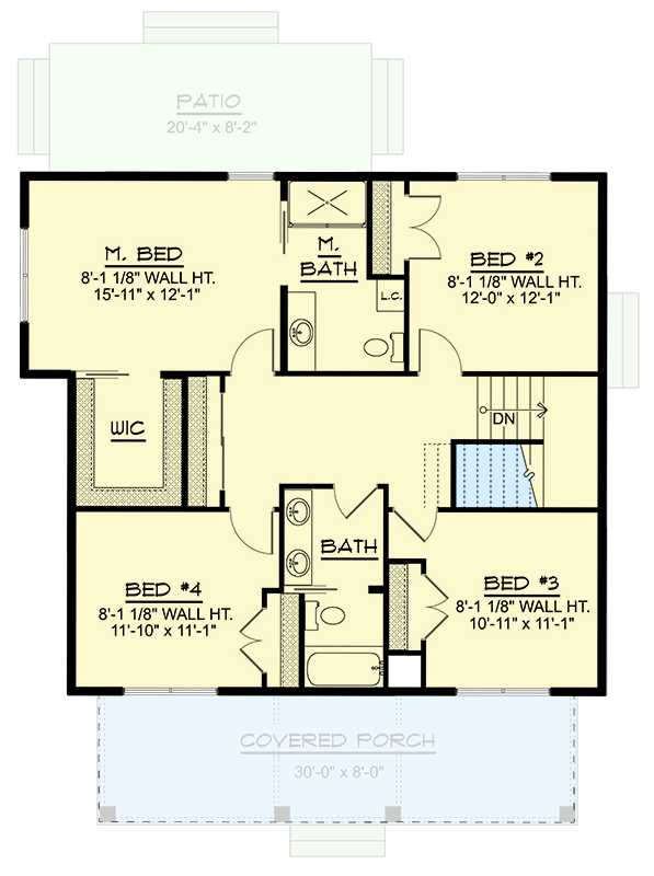 Plan 135379GRA: 4-Bedroom House Plan with Covered Porch and Upstairs Master - Floor Plan - 2nd Floor - Traditional
