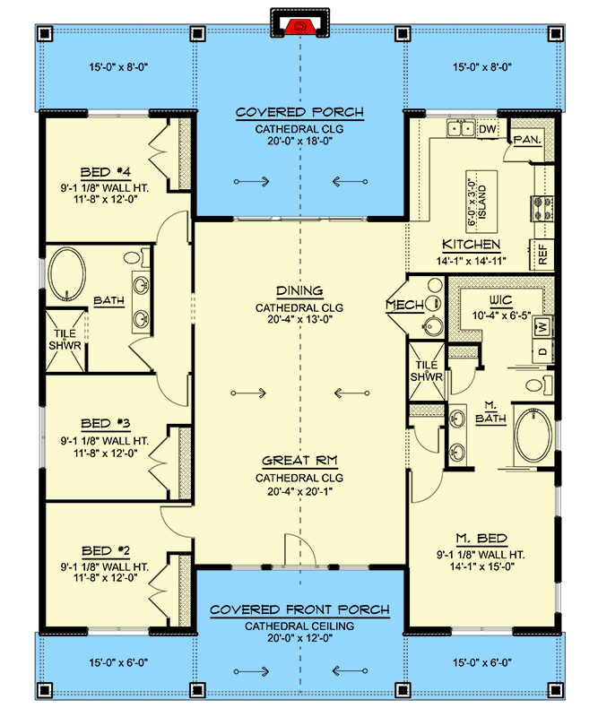 Plan 135380GRA: Open Concept Mountain House Plan with Split Beds and Outdoor Fireplace - Floor Plan - Main Level - Mountain