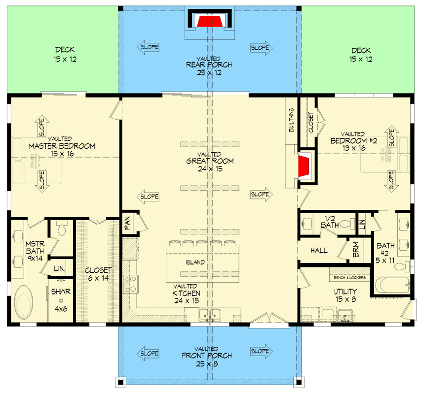 Plan 680603VR: Modern Cottage House Plan with Vaulted Great Room and Dual Decks - Floor Plan - Main Level - Cottage, Mountain, Traditional