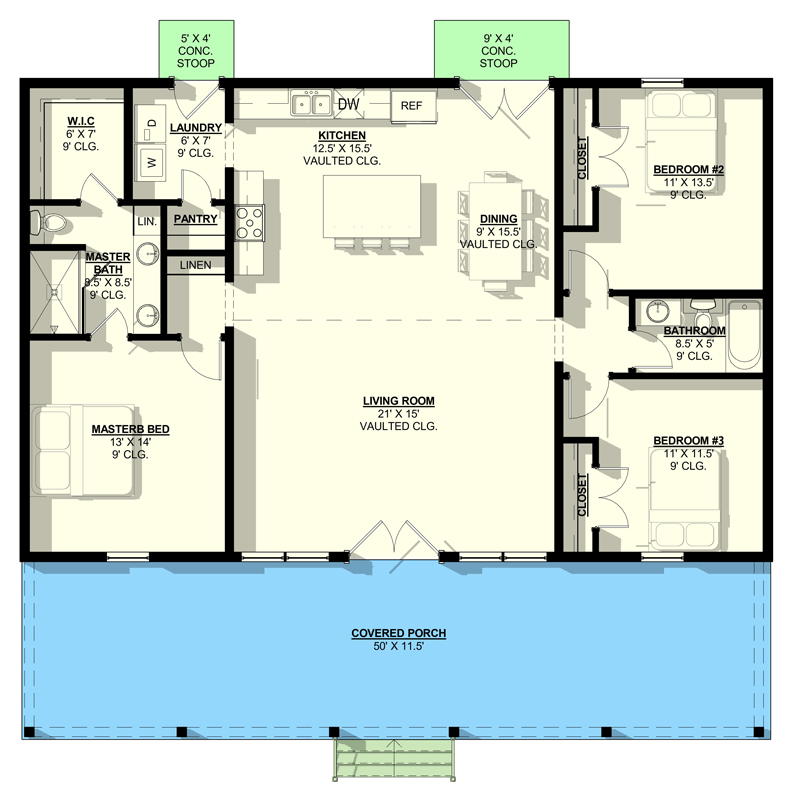 Plan 405035FDC: Modern Farmhouse House Plan with Vaulted Living and Expansive Porch - Floor Plan - Main Level - Farmhouse, Modern Farmhouse, Traditional