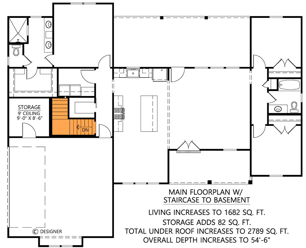 Plan 56562SM: Modern Farmhouse House Plan: 3 Beds, Open Living, Split Bedrooms - Floor Plan - Basement Stairs Location - Modern Farmhouse